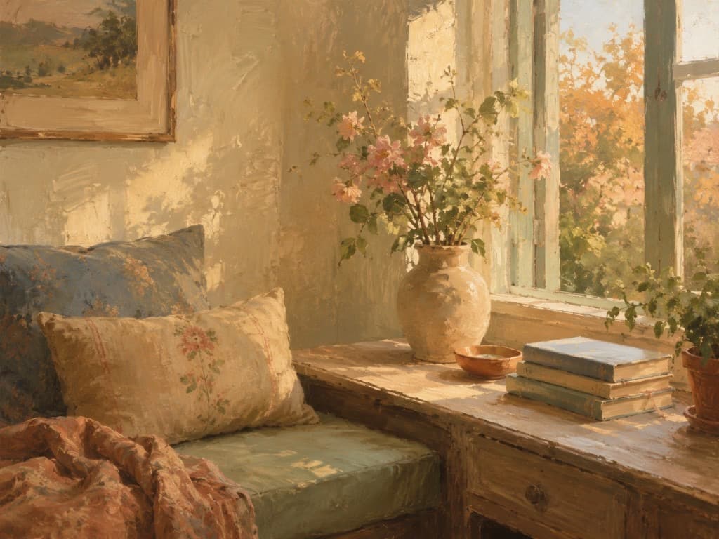 Cozy sunlit interior with soft afternoon light