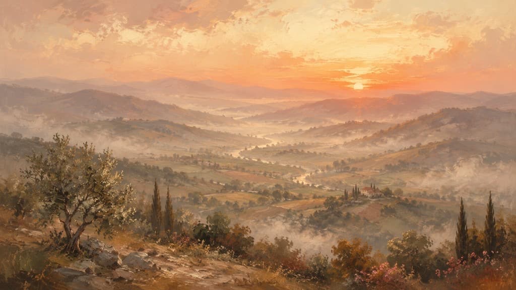 Misty valley at sunrise with layered hills