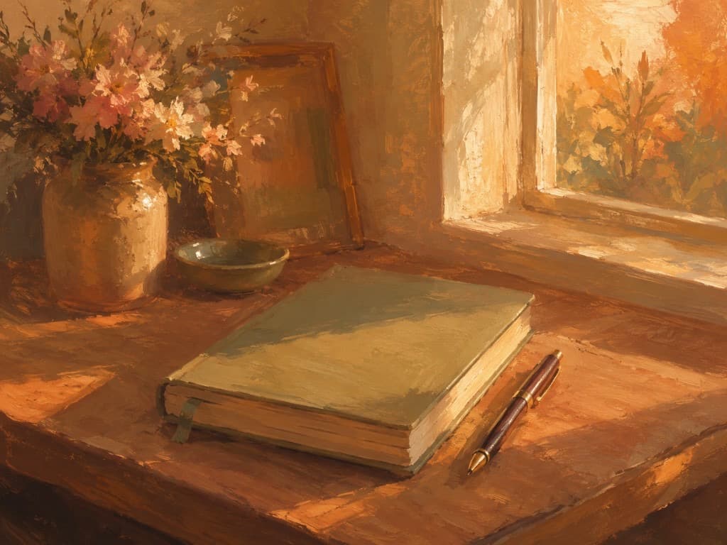 Warm still-life of a wooden desk in golden-hour light