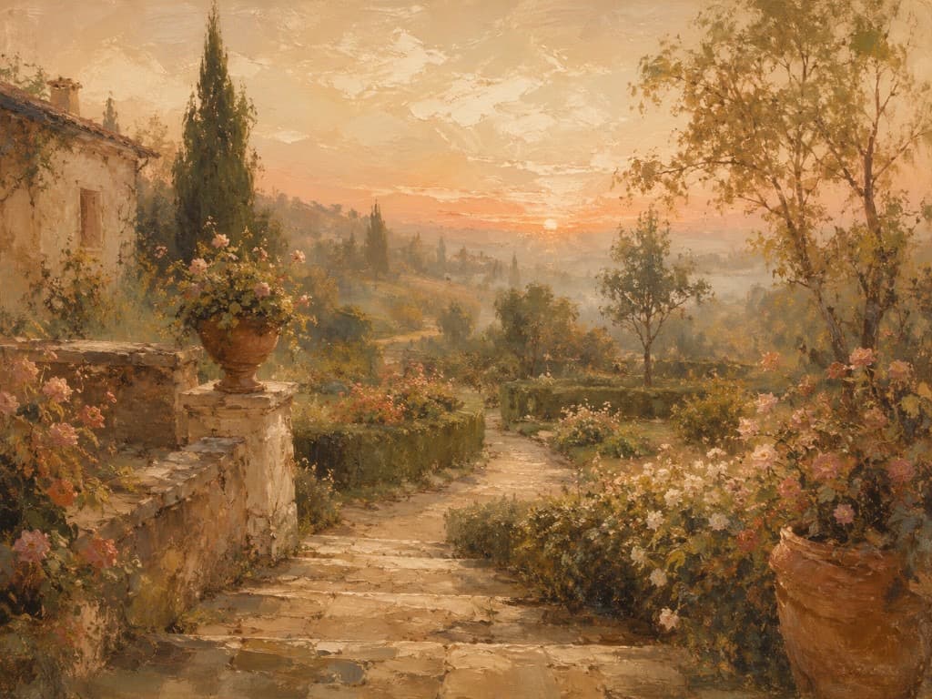Garden path at golden hour
