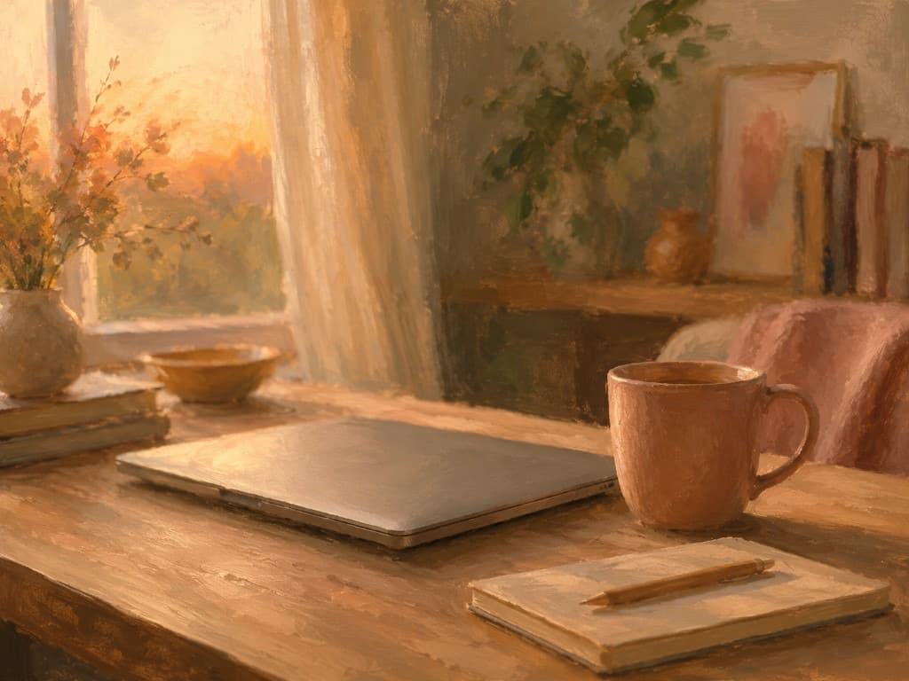 Calm desk with warm window light