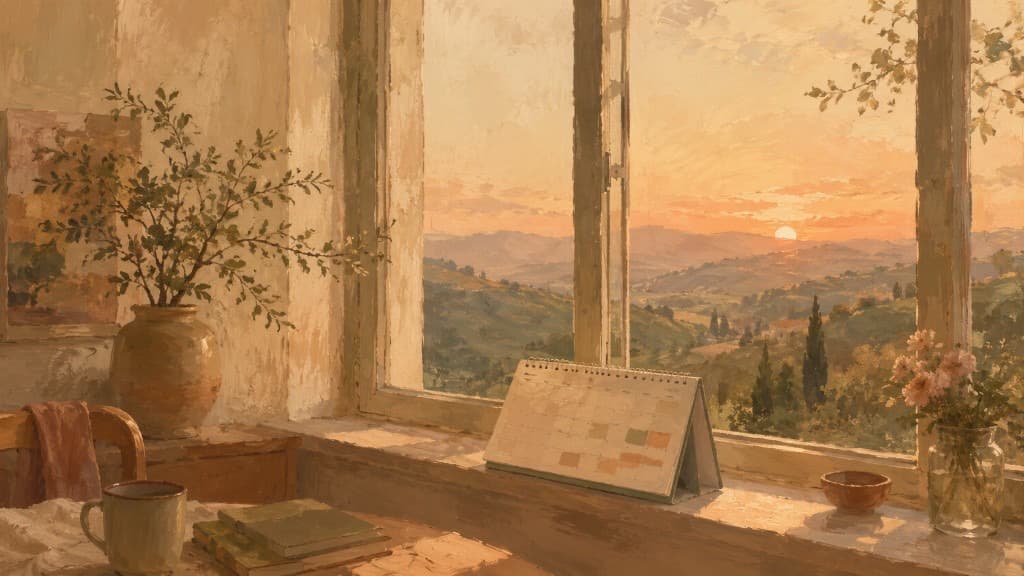 Calendar on a windowsill at golden hour